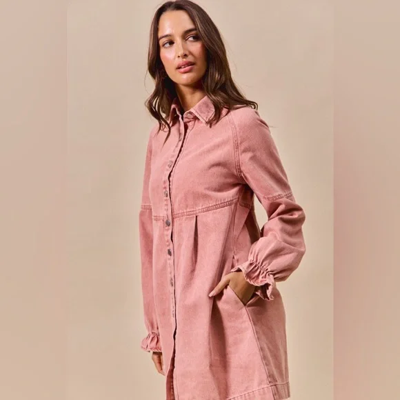 Pink mineral washed western boho denim ruffles sleeve button midi dress - Picture 3 of 6